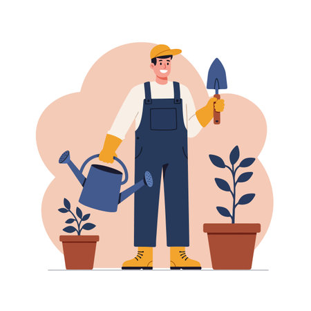 Male gardener waters plants using a watering can and holds a shovel, surrounded by potted plants in a casual gardening scene, cheerful mood.のイラスト素材