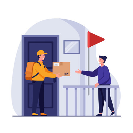 Delivery person wearing orange jacket hands a package to a customer standing on the balcony in front of a residential door. Friendly scene, optimistic mood.のイラスト素材