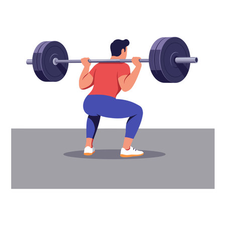Illustration shows a man lifting a heavy barbell in a gym performing a squat exercise for strength training. Energetic and focused mood.のイラスト素材