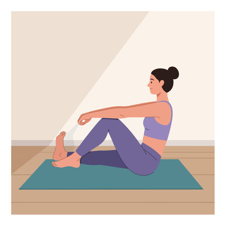 A woman in purple activewear practices seated yoga stretch on a blue mat inside a softly lit room, conveying calm and focus.のイラスト素材