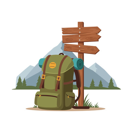 Illustration shows a green hiking backpack leaning on a wooden directional signpost with mountain and forest background, peaceful outdoor mood.のイラスト素材