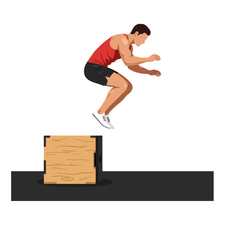 Illustration of a man jumping onto a wooden box during a workout session, showing strength and agility in a fitness setting. Energetic mood.のイラスト素材