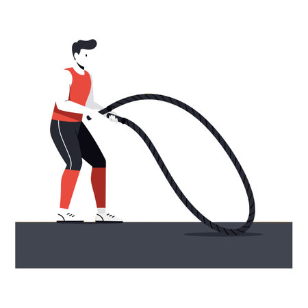 A man performs an intense battle rope exercise in a minimalistic gym setting, focusing on strength and endurance training mood energetic.のイラスト素材