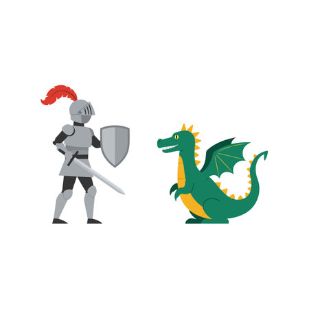 Illustration shows a knight in full armor holding a sword and shield facing a green dragon with yellow belly and wings. Playful and adventurous mood.のイラスト素材