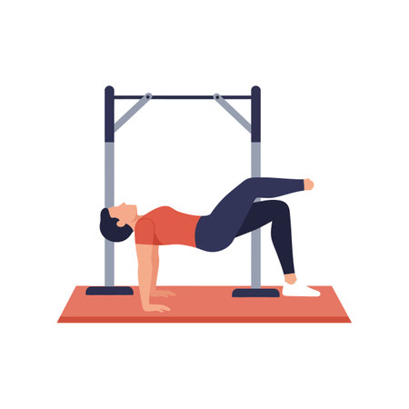 Illustration shows a woman doing a glute bridge exercise using fitness equipment on a mat in a gym setting, conveying strength and focus.のイラスト素材