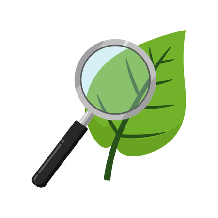 Vector illustration shows a magnifying glass focusing on a green leaf, symbolizing environmental research and nature study. Informative and clear mood.のイラスト素材