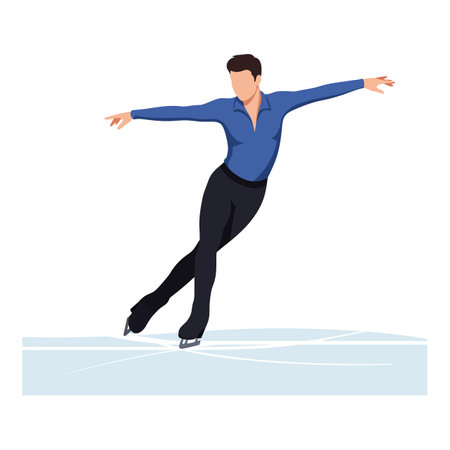 Male ice skater in blue shirt and black pants glides gracefully on ice rink, showingcasing balance and movement in a calm scene.のイラスト素材