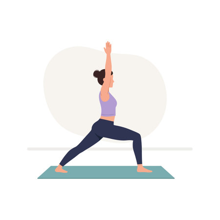 Woman in purple top and navy leggings performs warrior yoga pose on teal mat indoors, promoting wellness and calm mood.のイラスト素材