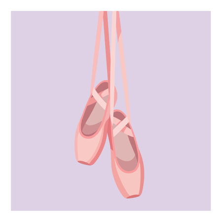 This vector illustration shows pink ballet shoes hanging by ribbons on a soft purple background,...