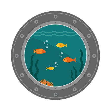 Illustration shows colorful fish swimming inside ocean with seaweed and bubbles visible through ship porthole window in calm underwater scene. Calm mood.のイラスト素材