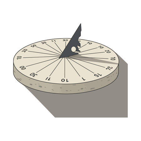 Illustration shows a sundial with a triangular gnomon casting a shadow on a circular base indicating...