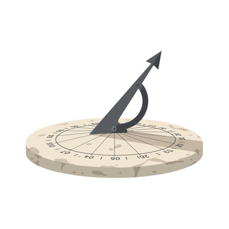 Illustration of sundial with arrow gnomon casting shadow on a weathered stone base showing time,...