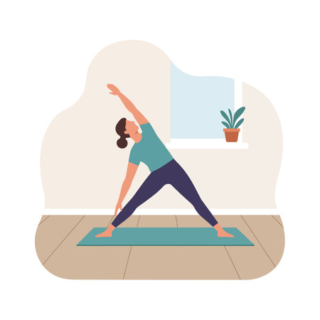 Woman performs a side stretch yoga pose indoors near a window with a potted plant, showing calm and focus in a simple setting.のイラスト素材