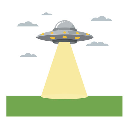Illustration shows a flying saucer UFO shining a yellow beam onto a green field under gray clouds in a flat style calm scene.のイラスト素材