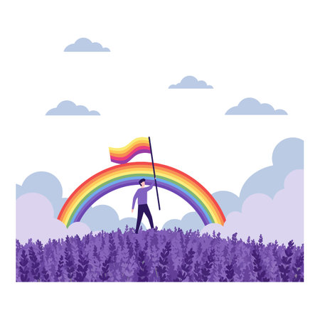 Illustration shows a person walking in a purple field holding a rainbow flag with a rainbow and clouds in the background, peaceful mood.のイラスト素材