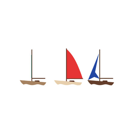 Vector illustration shows three small sailboats with red and blue sails on white background in minimalist style. Calm and simple.のイラスト素材