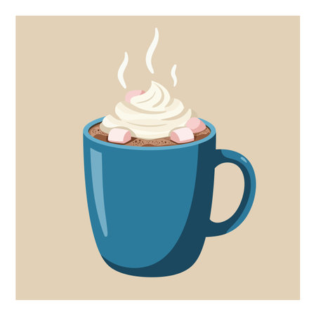 Blue mug filled with hot chocolate topped with whipped cream and marshmallows emitting steam on beige background, cozy and warm atmosphere.のイラスト素材