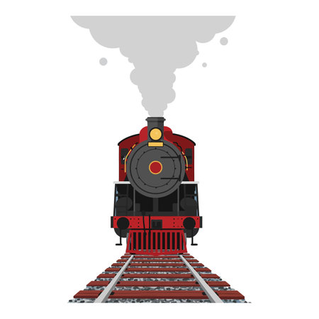 This vector illustration shows a red steam locomotive front view emitting smoke on railway tracks, creating a dynamic and vintage atmosphere.のイラスト素材