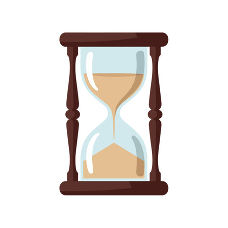 Vector image shows hourglass with brown wooden frame and beige sand flowing between glass chambers, symbolizing time passing, calm mood.のイラスト素材