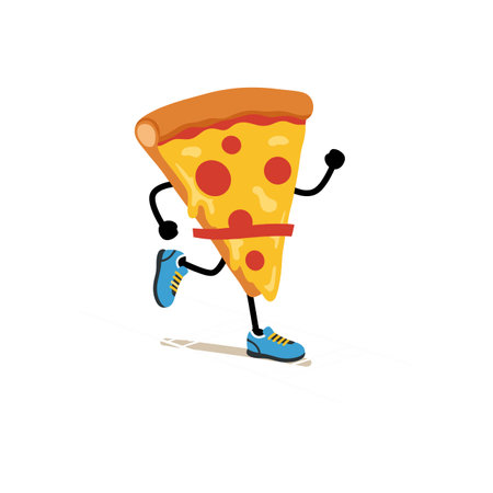 Vector illustration of a pizza slice character running wearing blue sneakers with red pepperoni spots, creating a playful and energetic mood.のイラスト素材