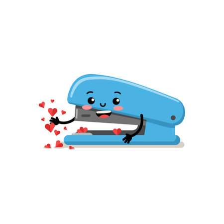 Blue stapler cartoon character spreads red hearts symbolizing love and affection in this cheerful vector illustration. Playful and friendly mood.のイラスト素材