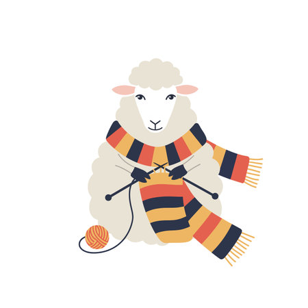 A fluffy sheep knits a vibrant striped scarf using orange, black, and beige yarn in a cozy, creative scene. Cheerful and warm.のイラスト素材