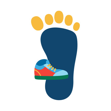 Illustration shows a colorful sneaker placed on a large blue footprint with yellow toes in a simple flat style, conveying creativity and playfulness.のイラスト素材