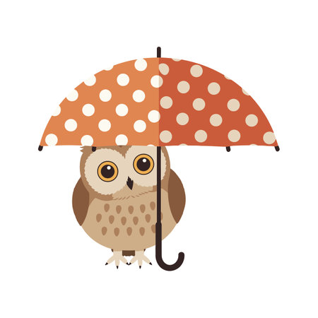 This vector illustration features a cute owl holding an orange polka dot umbrella with a white background, presenting a cheerful and whimsical mood.のイラスト素材