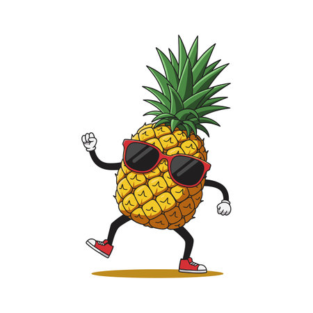 Pineapple with green leaves wears sunglasses and red shoes, dancing energetically on a white background. Fun and lively mood.のイラスト素材