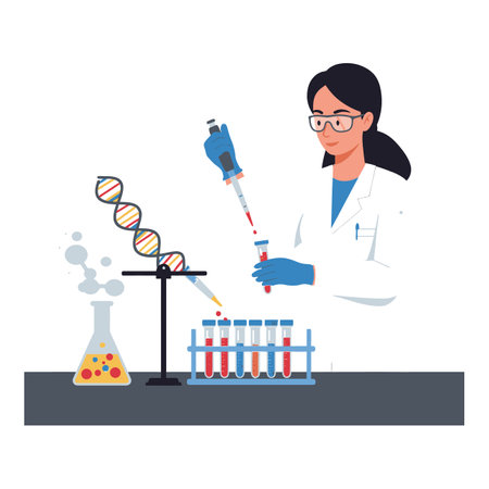 Female scientist in lab coat uses pipette to handle test tubes near DNA model and chemical flask in bright laboratory setting calm mood.のイラスト素材