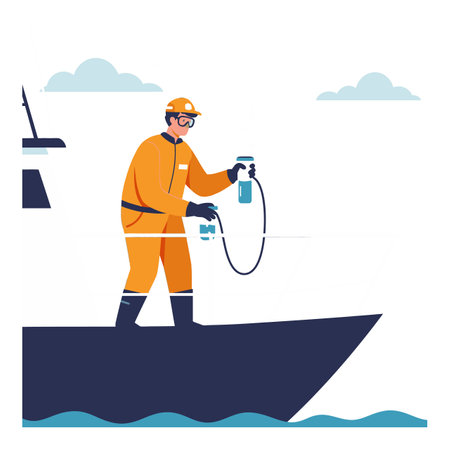 Worker in orange protective suit sprays chemical on boat deck under cloudy sky, showing safety and maintenance focus. Calm mood.のイラスト素材