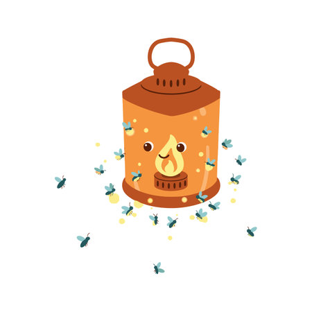 This vector shows a rustic orange camping lantern emitting a warm glow surrounded by flying fireflies, creating a cozy and magical atmosphere.のイラスト素材