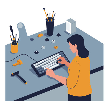 Woman works on assembling mechanical keyboard parts at a desk with tools and accessories, focused and productive atmosphere.のイラスト素材
