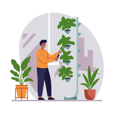 Illustration shows a man pruning a vertical indoor garden with green plants in a modern home interior, creating a calm and peaceful mood.のイラスト素材