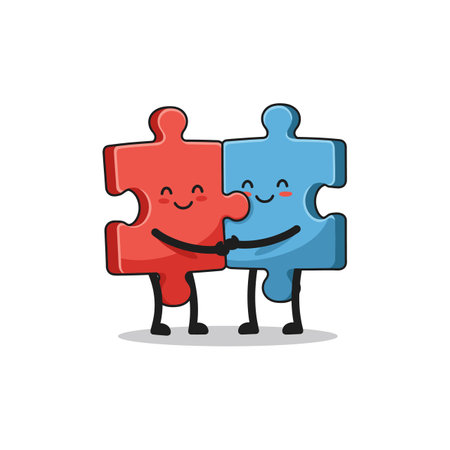 Vector illustration shows two smiling red and blue puzzle pieces hugging with legs and arms, expressing friendship and unity mood.のイラスト素材