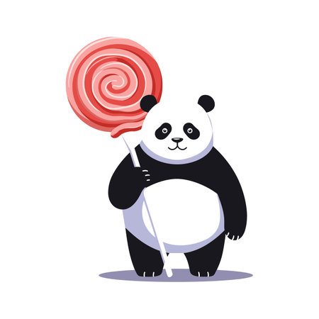 A cartoon panda stands holding a large red swirl lollipop, presenting a playful and charming scene. Cheerful and whimsical.のイラスト素材