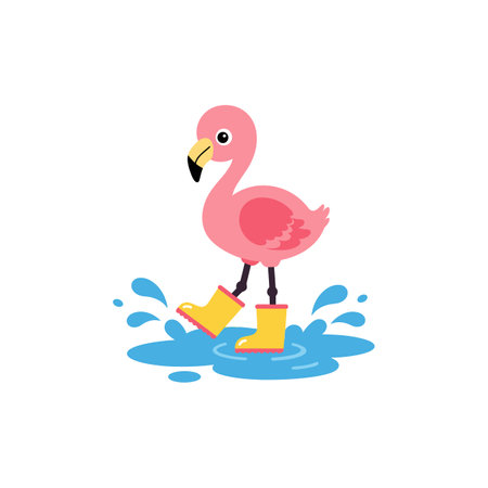 Pink flamingo stands in water wearing yellow boots, creating splashes with a joyful and playful mood.のイラスト素材