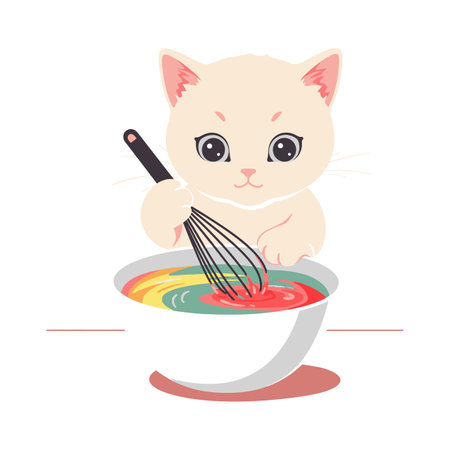 A cute cat stirs colorful batter in a bowl using a whisk, creating a playful and charming cooking scene. Cheerful mood.のイラスト素材