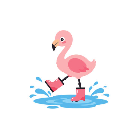 A pink flamingo splashes water while wearing red rain boots in this playful vector illustration with cartoon style and bright colors. Cheerful mood.のイラスト素材