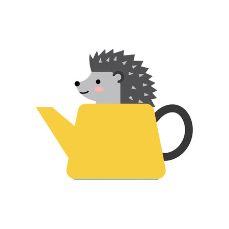 Vector illustration shows a cute hedgehog sitting inside a yellow teapot with flat design style and minimal details, creating a playful and charming mood.のイラスト素材