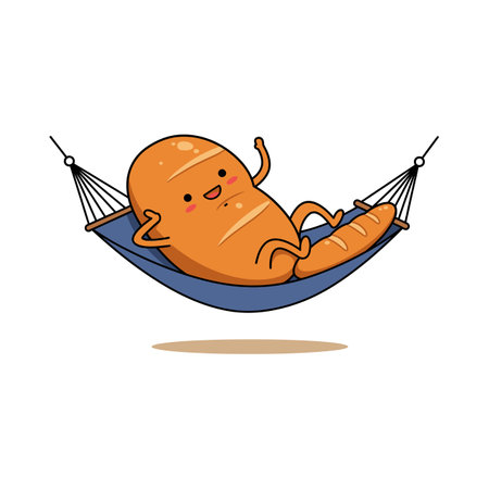 This vector shows a happy bread cartoon character relaxing in a blue hammock with a shadow underneath, creating a cheerful mood.のイラスト素材