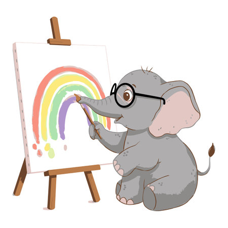Elephant with glasses paints a vibrant rainbow on a canvas set on an easel, showing creativity and focus in a charming scene. Cheerful mood.のイラスト素材