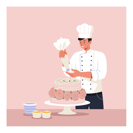 Male pastry chef decorates a cake with a piping bag in a professional kitchen setting, creating a...