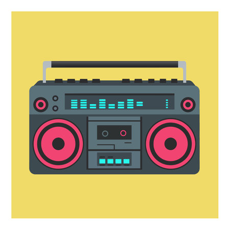 Retro boombox music player with cassette tape and equalizer display in flat style on yellow background, emitting vintage vibe. Cheerful mood.のイラスト素材
