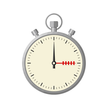 Stopwatch timer shows zero seconds with red hand and silver body in a clear, minimal style. The image is precise and calm.のイラスト素材