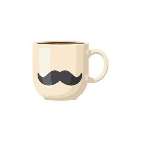 Vector illustration shows a beige coffee cup with a black mustache design, filled with coffee, presenting a fun and cozy mood.のイラスト素材