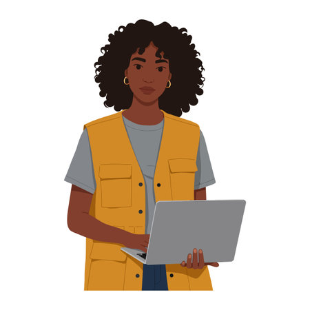 Illustration shows a young woman with curly hair using a laptop while wearing a yellow vest and gray shirt in a digital workspace, focused mood.のイラスト素材