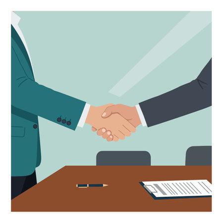 Two business professionals shake hands over a table with contract and pen in an office setting, symbolizing agreement and cooperation. Calm mood.のイラスト素材