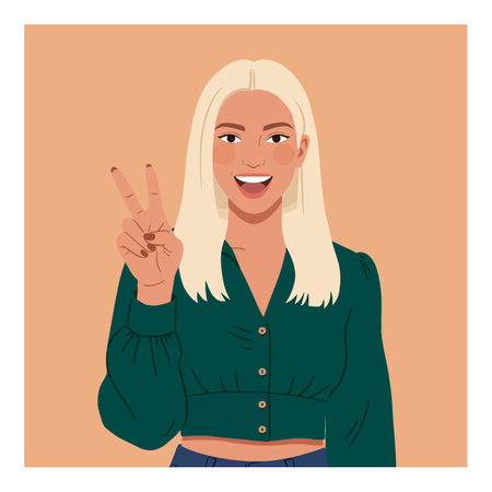 Illustration shows a smiling blonde woman wearing a green blouse and making a peace sign with her fingers against a beige background, cheerful mood.のイラスト素材