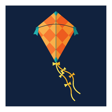 This vector illustration shows an orange diamond patterned kite with blue accents and yellow tail ribbons flying against a dark background, playful mood.のイラスト素材